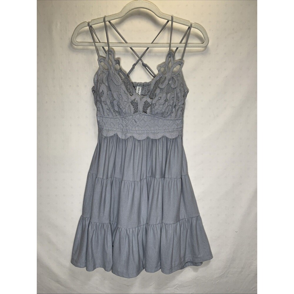 Feminine Lace Trimmed Flowy Tiered Whimsical Fairy Dress, Misty Gray, Sz Large